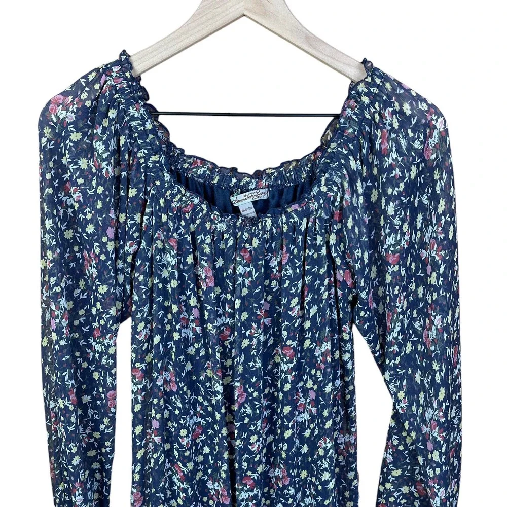 American Rag Cie Sheer Sleeve Floral Mini Dress M Elastic Waist Babydoll Boho‎